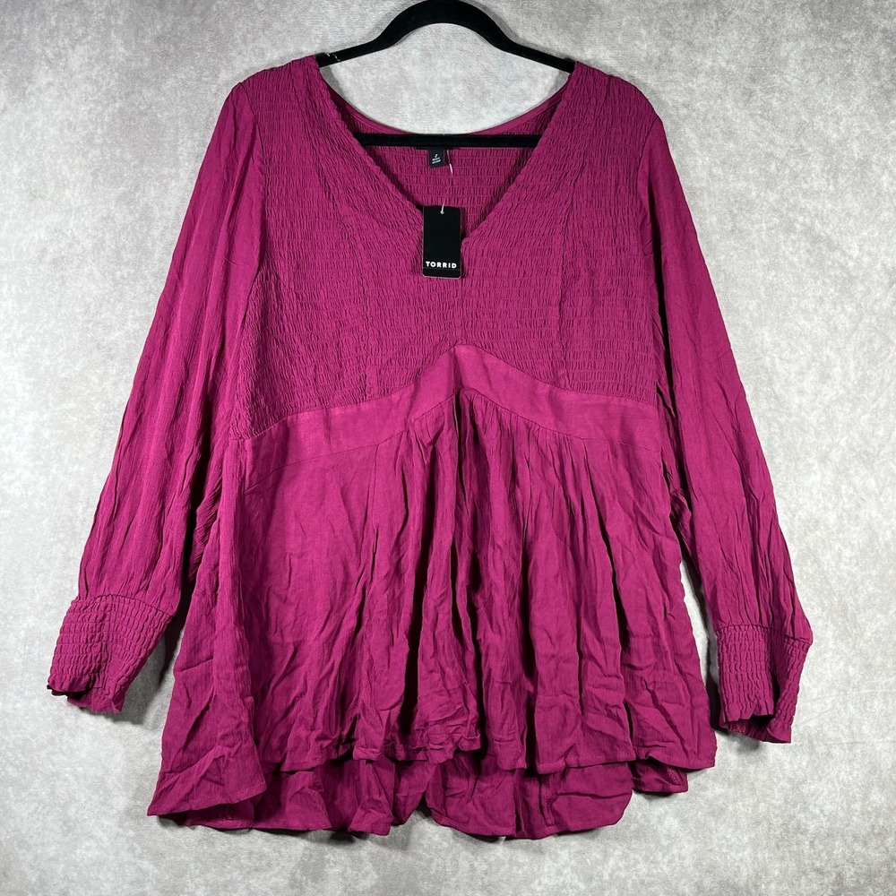 Torrid Top Womens Size‎ 2X Pink Crinkle Gauze Babydoll Long Sleeve Boho NEW